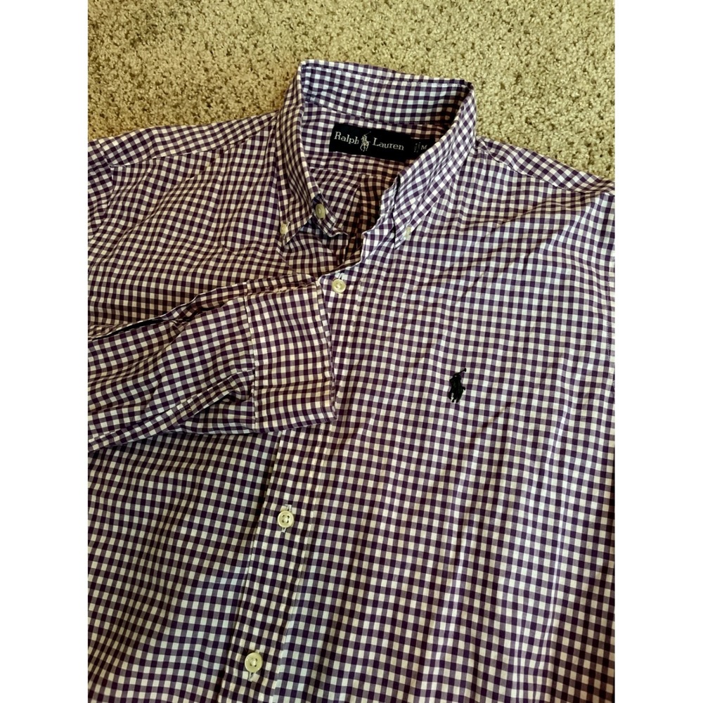 Ralph Lauren Mens Button Down Shirt Medium Purple Gingham Check Long Sleeve Pony